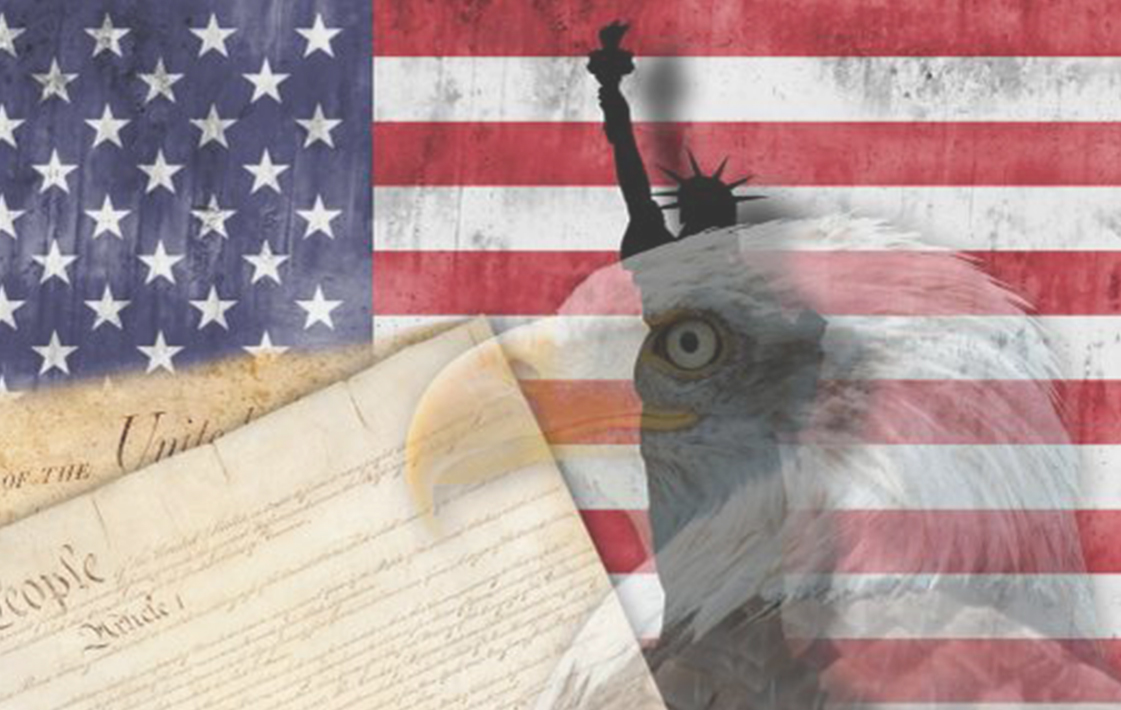 A collage of american flag and eagle with the declaration of independence.